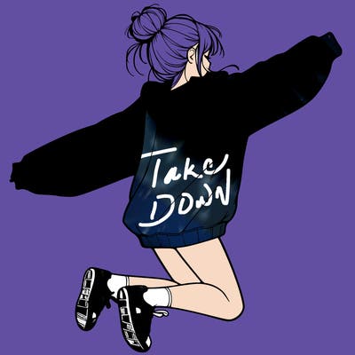 realistic girl jumping with a bun and oversized sweatshirt