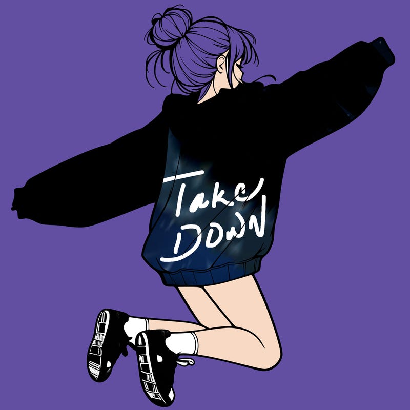 realistic girl jumping with a bun and oversized sweatshirt