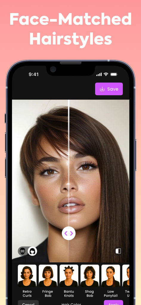 Hairstyle AI – Haircut Try On - Interfaz de la aplicación que muestra una comparación de pantalla dividida de una mujer probando diferentes peinados usando tecnología de IA