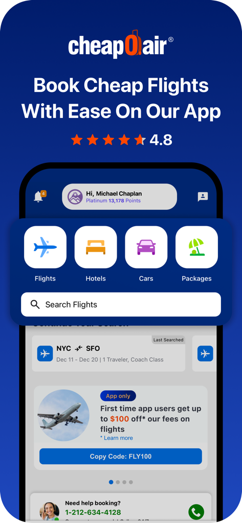 CheapOair mobile app home screen featuring flight hotel and car rental booking options with a promo for new users