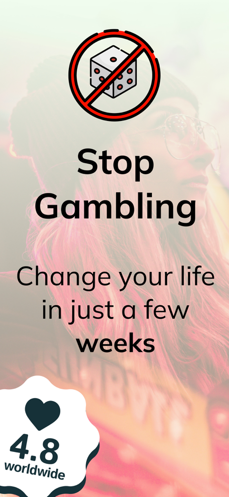 Schermata dell'app Stop Gambling che mostra un messaggio motivazionale e un alto punteggio utente