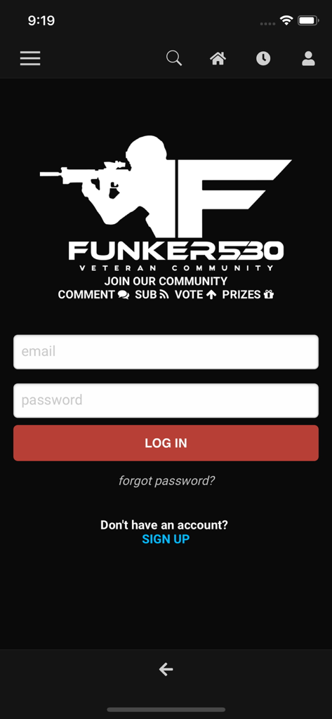 Funker530 - 회사 로고와 로그인 필드가 있는 Funker530 재향 군인 커뮤니티 모바일 앱 로그인 화면.