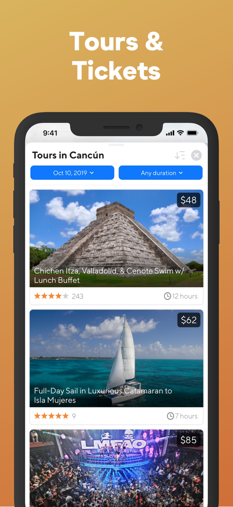 Tripomatic app interface for browsing tours and tickets in Cancun showing activities with prices and durations