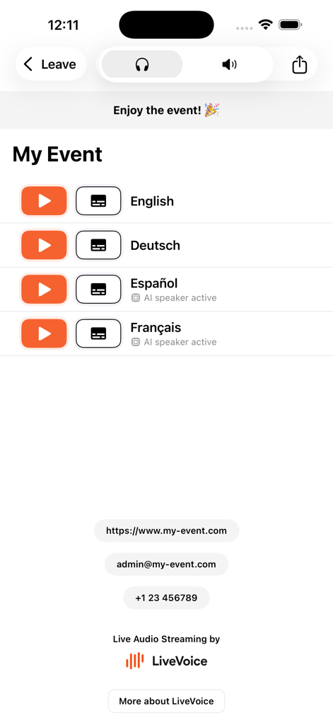 LiveVoice - LiveVoice app interface showing a list of available audio channels for an event in different languages like English, German, and Spanish