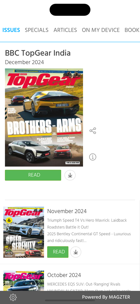BBC TopGear India - BBC TopGear India app interface showing monthly magazine issues and covers
