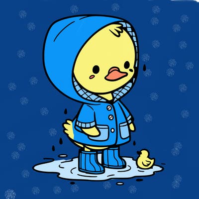 baby duck in a rain coat and boots, in a puddle while it’s raining