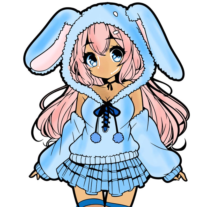 pretty anime girl wearing a fluffy hoodie with bunny ears on the hood and a skirt