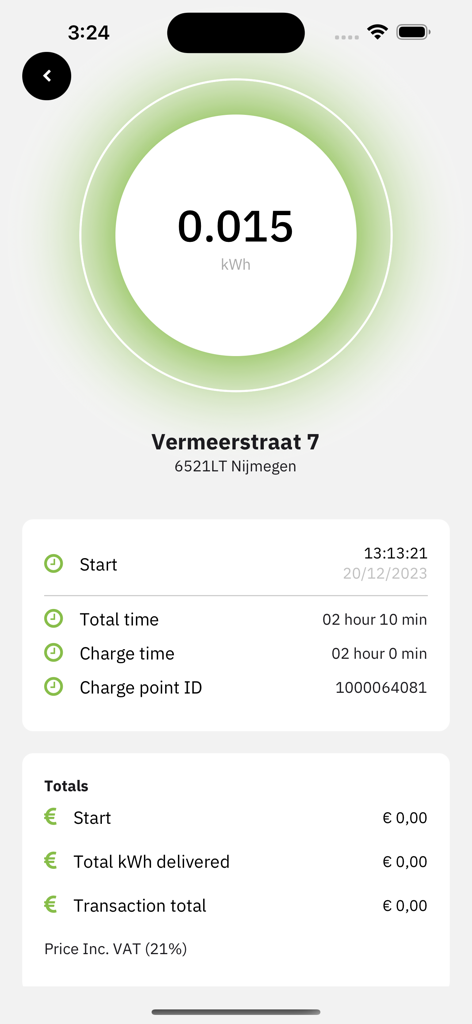 50five - Écran de l'application mobile affichant les détails de la session de recharge du véhicule électrique, y compris l'énergie consommée et la durée de la session