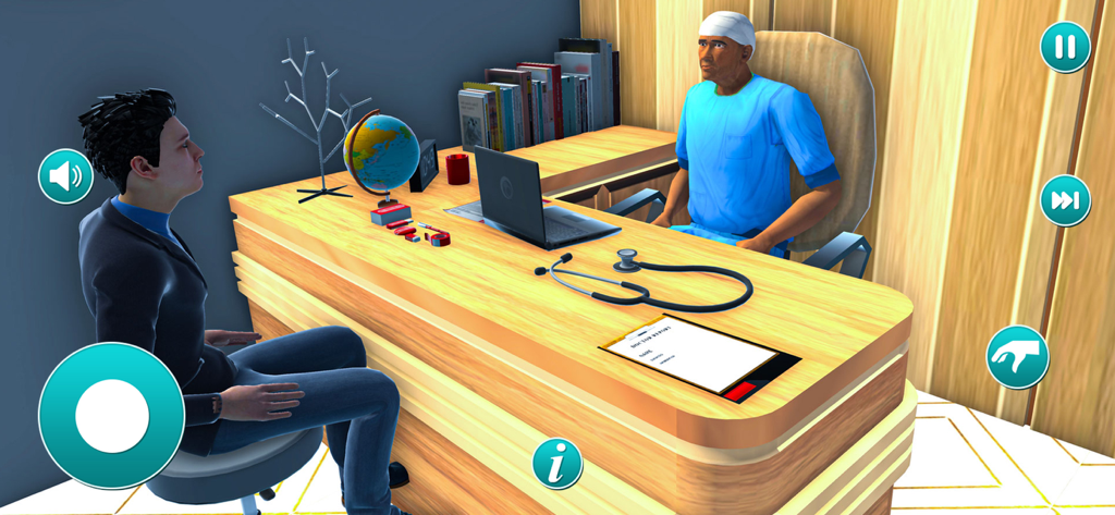 Doctor Game Surgeon Hospital - Un doctor sentado en un escritorio consultando con un paciente en un juego de simulación de cirugía