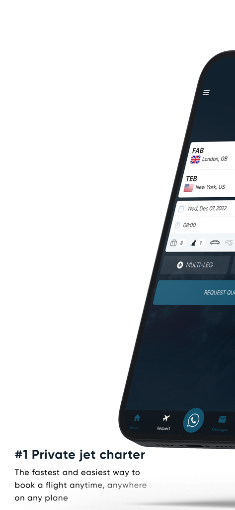 Private Jets Charter LunaJets - LunaJets mobile app interface displaying a private jet flight booking from London to New York with options for passengers and pets.