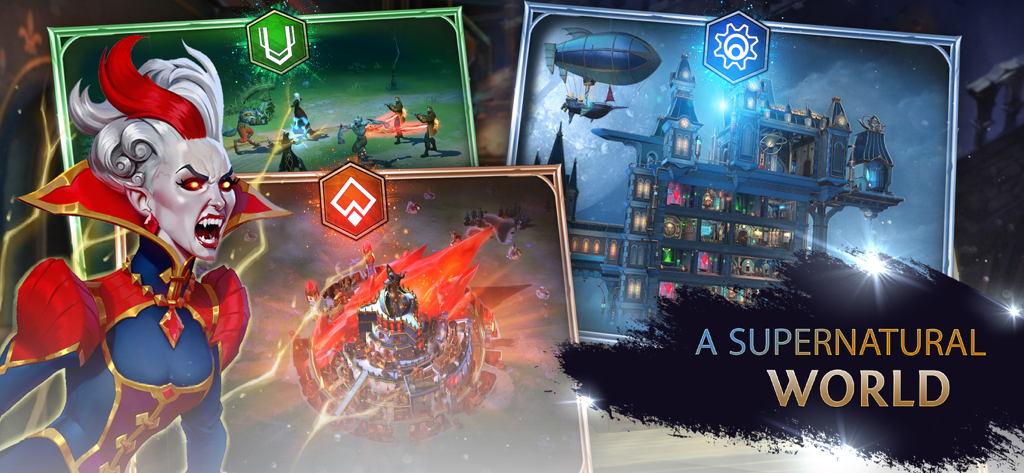 Heroes of the Dark: Squad RPG - Arte promocional de Heroes of the Dark que muestra un héroe vampiro y una mansión gótica steampunk