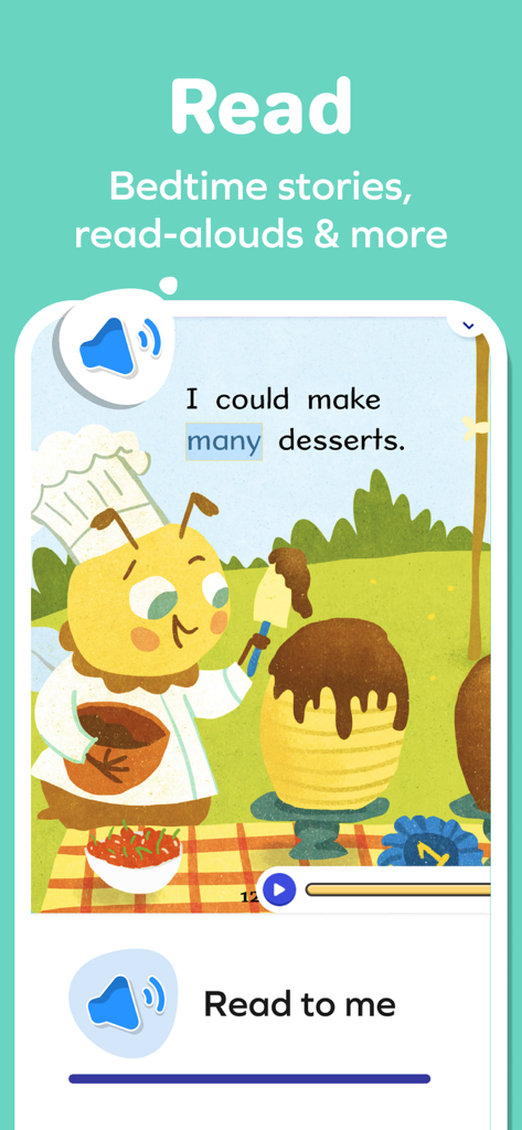 SplashLearn app interface showing a bedtime story about a bee chef with a read aloud feature for kids.