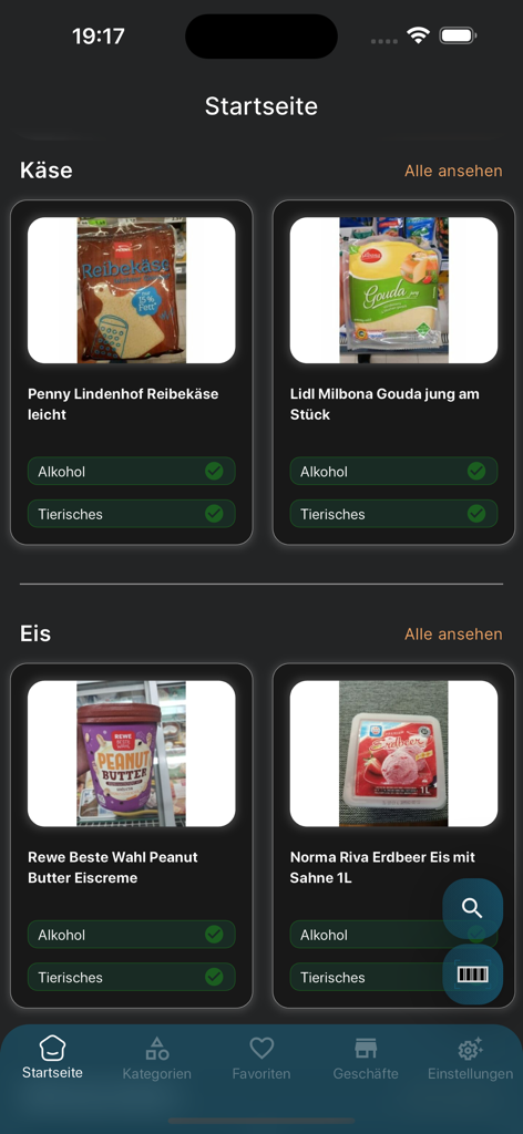 Interfaccia dell'app HalalCheck che mostra prodotti alimentari con icone di stato dietetico per alcol e contenuto animale