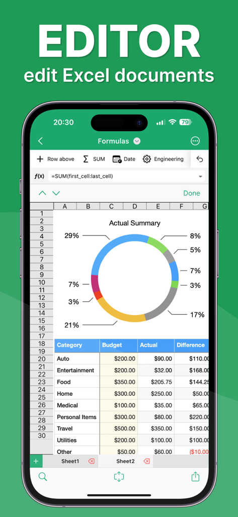 iPhone screen displaying a spreadsheet editor with a colorful donut chart and a detailed budget table