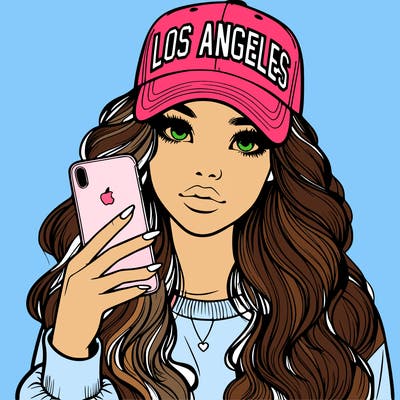 realistic beautiful girl wearing los ángeles cap holding an iphone