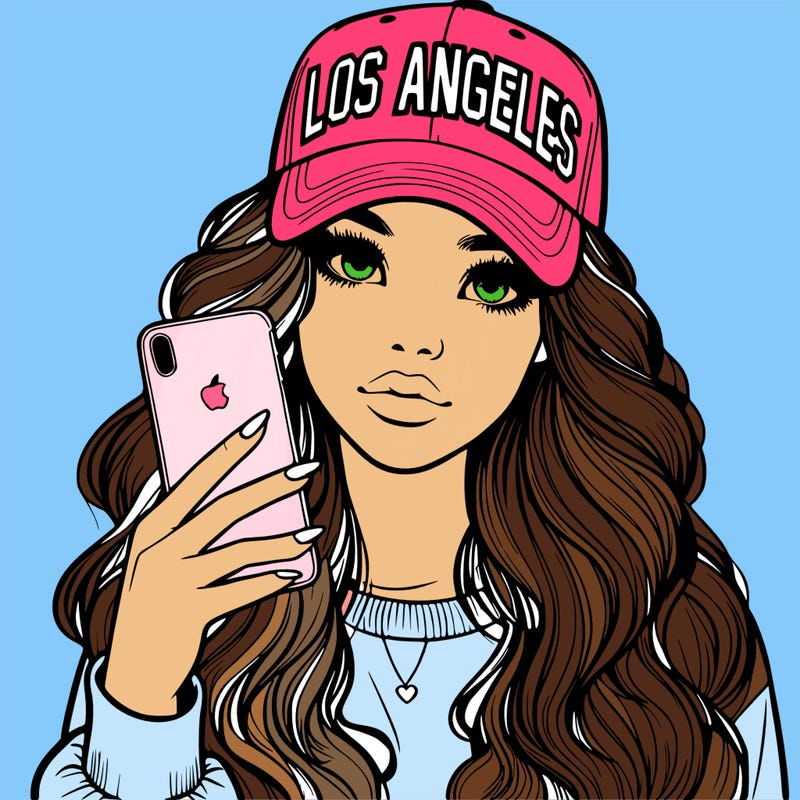 realistic beautiful girl wearing los ángeles cap holding an iphone
