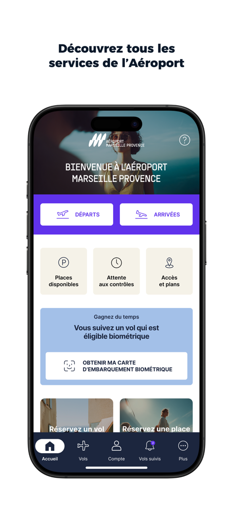 Aéroport MP - Schermata principale dell'app mobile dell'Aeroporto di Marsiglia Provenza che mostra i pulsanti di stato delle partenze e degli arrivi e i servizi aeroportuali in tempo reale