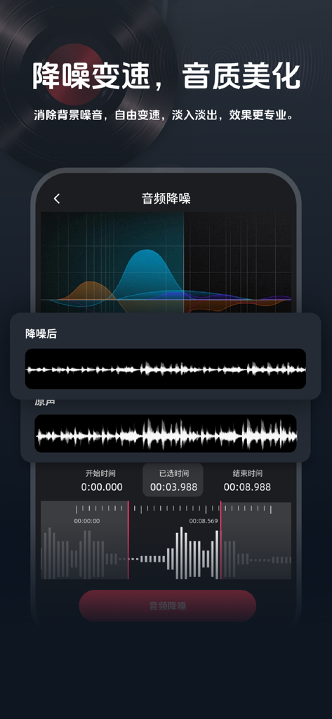 音频剪辑提取合音大师-音频铃声制作·音乐裁剪·音频转换器 - Mobile app interface showing AI noise reduction feature with audio waveform comparison and editing tools