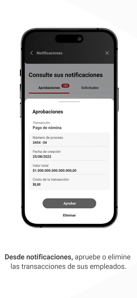 Schermata dell'app mobile che mostra un'interfaccia di approvazione delle transazioni per la busta paga aziendale con opzioni per approvare o eliminare.