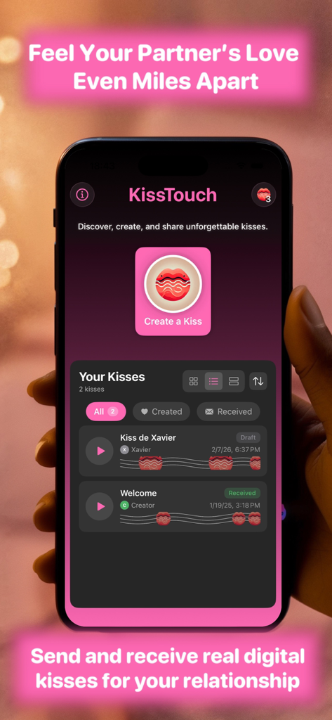 KissTouch : Couple Love App - KissTouch app interface on an iPhone showing a kiss history and a create a kiss button for long distance couples