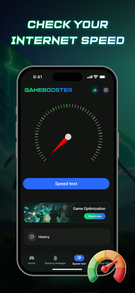 Game Booster: GFX Tool No Lag - Smartphone interface showing an internet speed test feature for mobile gaming optimization