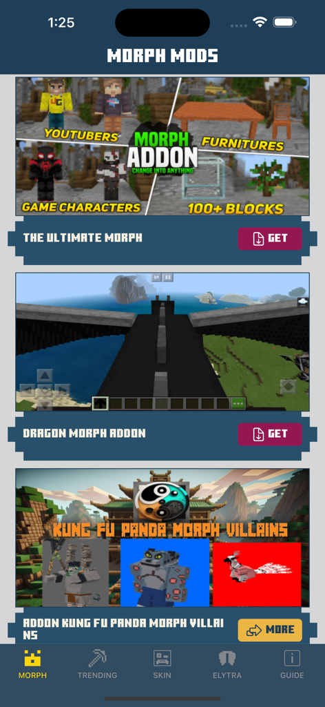 MCPE MORPH MODS FOR MINECRAFT - The user interface of the MCPE Morph Mods app featuring various Minecraft character transformation addons.