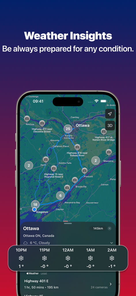Ontario Road Cameras - オタワの地図、カメラの場所、詳細な時間ごとの天気予報を表示するオンタリオ州道路カメラアプリのインターフェイス。