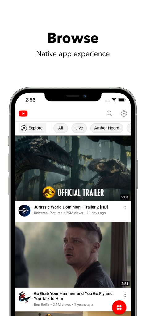 Video Lite app browse screen showing a native video feed experience with YouTube content.