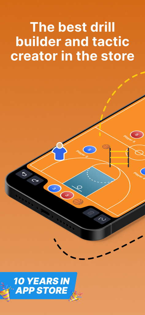 App lavagna tattica di basket digitale che mostra un campo con posizioni dei giocatori e percorsi di allenamento
