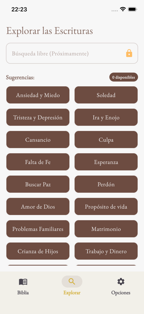 Interface do aplicativo Bibl-IA mostrando a tela Explorar Escrituras com botões de categoria para tópicos como ansiedade, esperança e família em espanhol