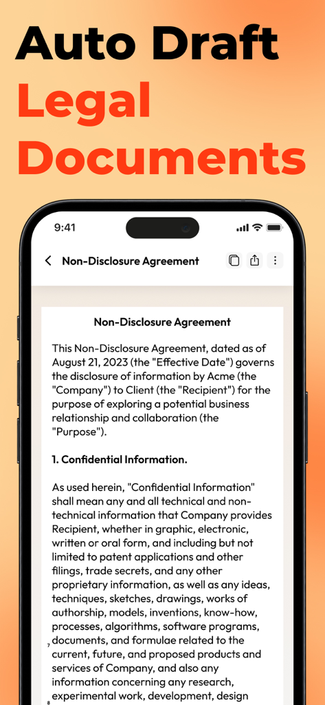 AI Legal Documents Generator - Un smartphone mostrando un Acuerdo de Confidencialidad redactado por la aplicación Generador de Documentos Legales con IA.