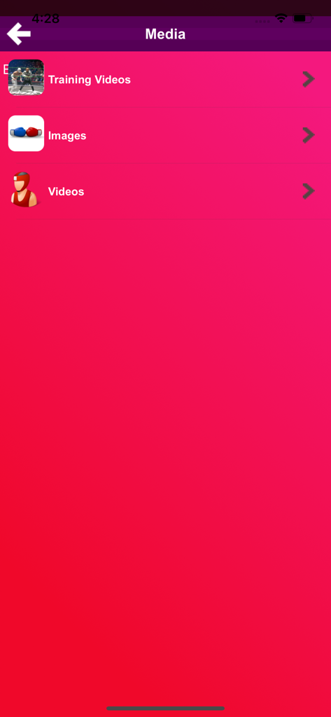 Boxing Tutorials - Boxing Tutorials app media menu featuring options for training videos and images