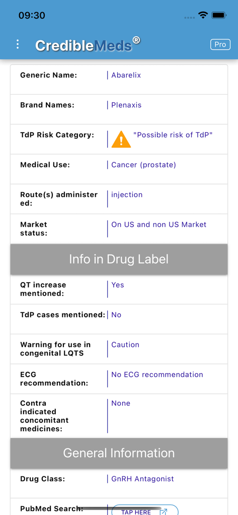 CredibleMeds mobile app screen showing detailed drug safety information and TdP risk levels