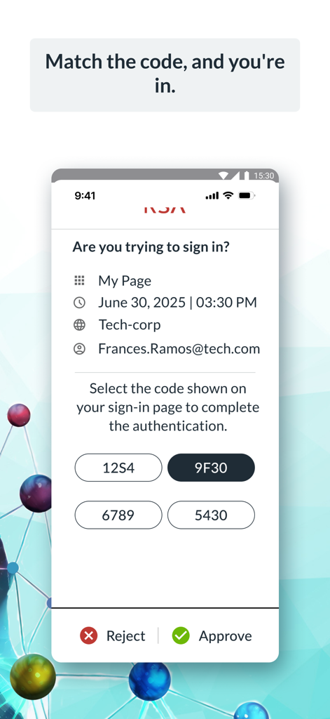 RSA Authenticator app screen showing a sign-in request with code matching for secure enterprise authentication