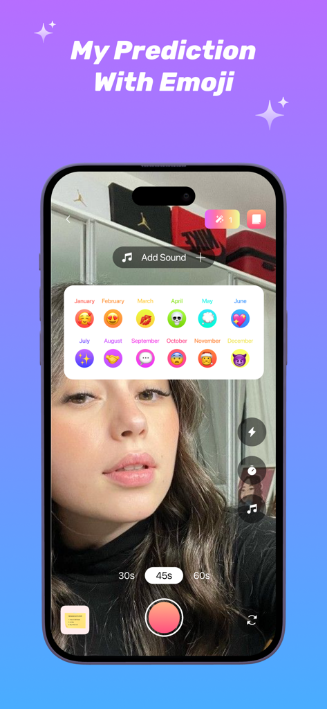 My 2025 Prediction - Interfaz de la aplicación Mi Predicción 2025 mostrando predicciones mensuales con emojis sobre un filtro de cámara
