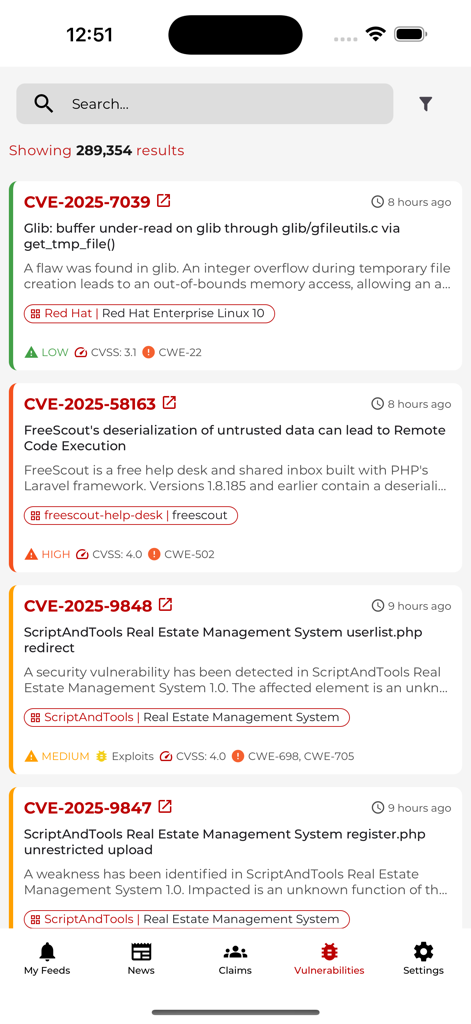 Cyna - Liste des vulnérabilités de cybersécurité en temps réel et rapports CVE dans l'application mobile Cyna.