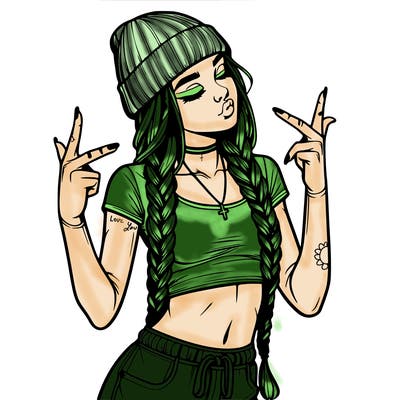 realistic teenage girl with braids and a beanie and crop top doing 🫶🏼