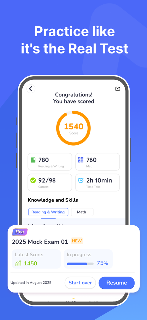 SAT Prep AlphaTest app screen showing a practice test score of 1540 with performance metrics