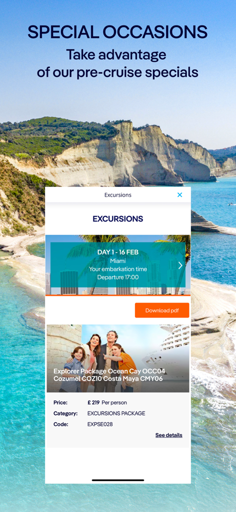 MSC for Me - MSC for Me mobile app screen showing pre cruise excursion packages and departure itinerary