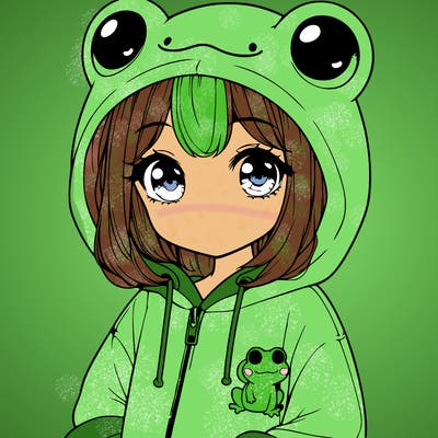 cute realistic girl in a froggy hoodie