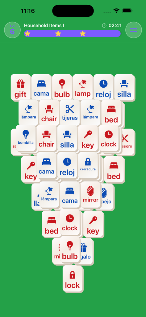 Mahjong Lingo - A Mahjong Lingo game screen showing tile matching for household items vocabulary in English and Spanish