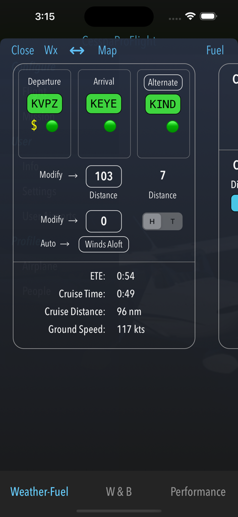 CessnaProFlight app weather and fuel flight planning interface