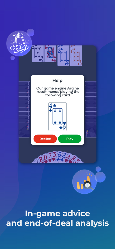 Fun Bridge app screenshot showing a card play recommendation from the AI engine
