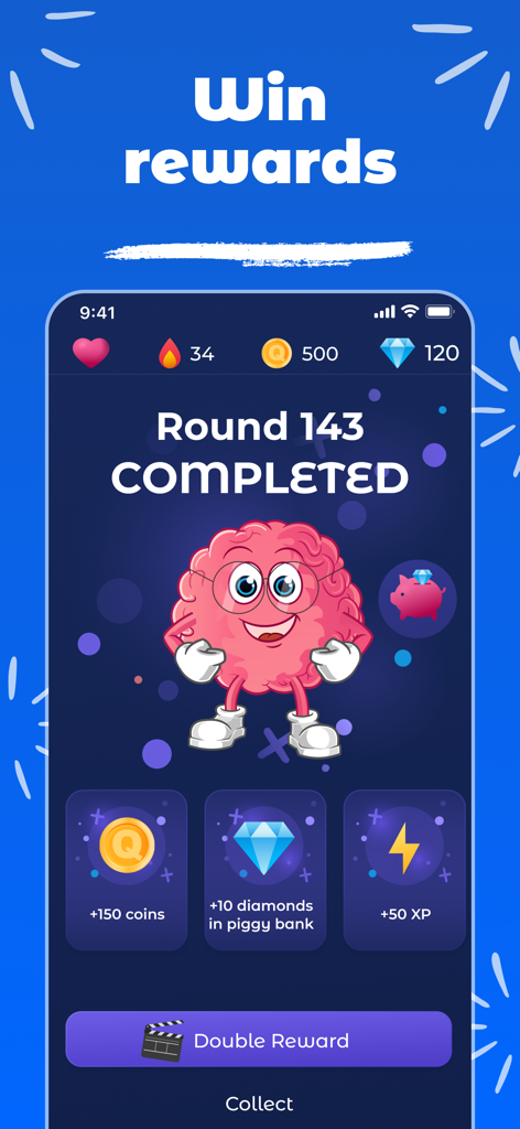 Quizy - General Knowledge Quiz - Pantalla del juego de trivia Quizy que muestra la ronda completada con recompensas y una mascota cerebral