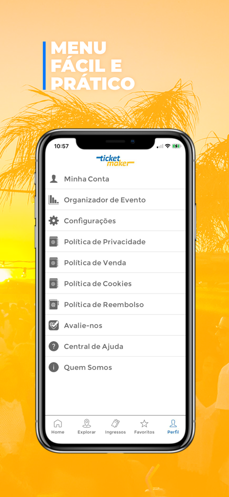 Ticket Maker App Profilseite mit Kontoeinstellungen und Navigationsmenü