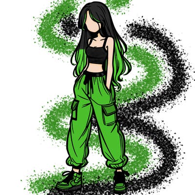 girl in baggy pants crop top and long hair