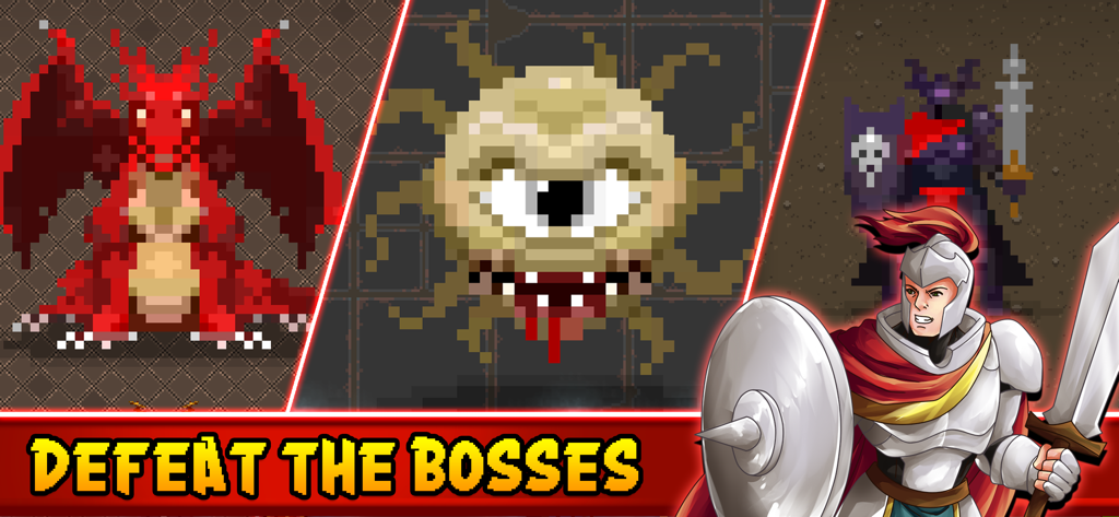 Dunidle: Auto Battler RPG Game - Un cavaliere che affronta boss draghi e mostri oculari in pixel art in Dunidle Auto Battler RPG