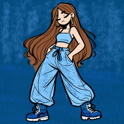 girl in baggy pants crop top and long hair
