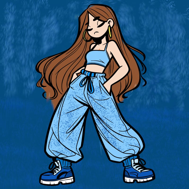 girl in baggy pants crop top and long hair