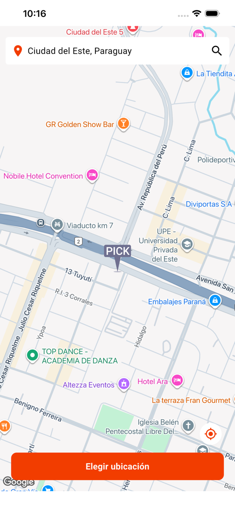 Aguara Deliveryの配達場所を選択するためのアプリ内マップインターフェース